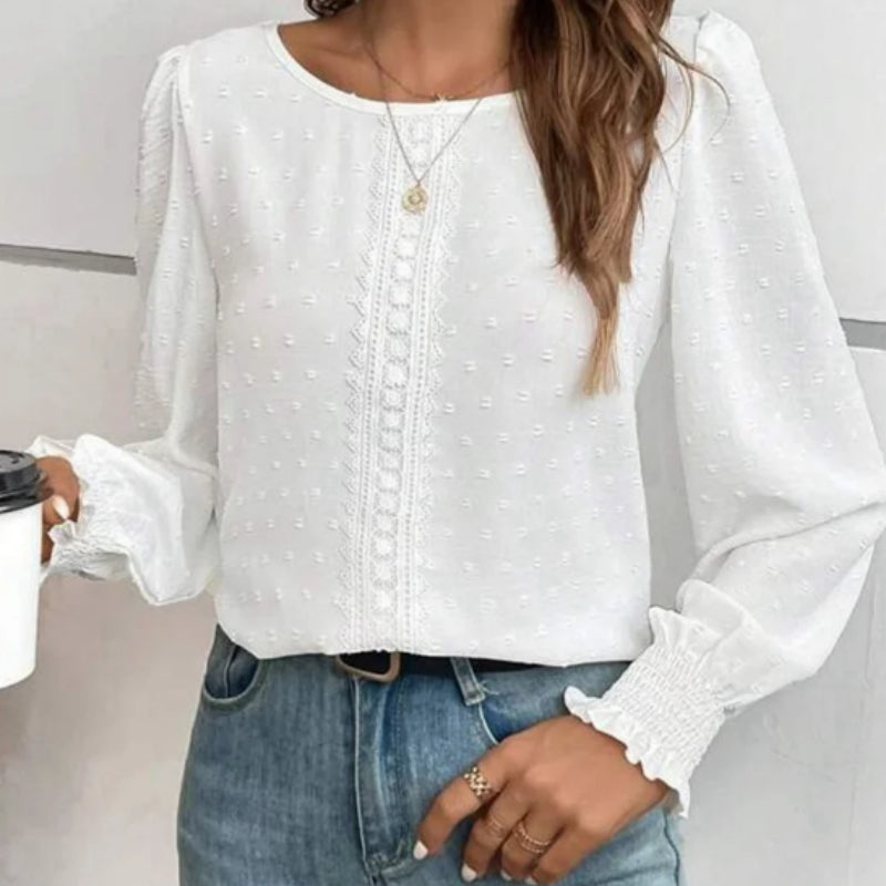 Womens Casual Top With Dotted Lace Trim And Lantern Sleeves