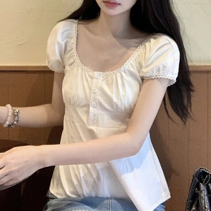 Puff Sleeve White Shirt Women's Short Sleeve Top