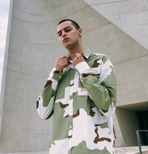 Spring high street camouflage short short long loose tide brand men's lapel check shirt shirt