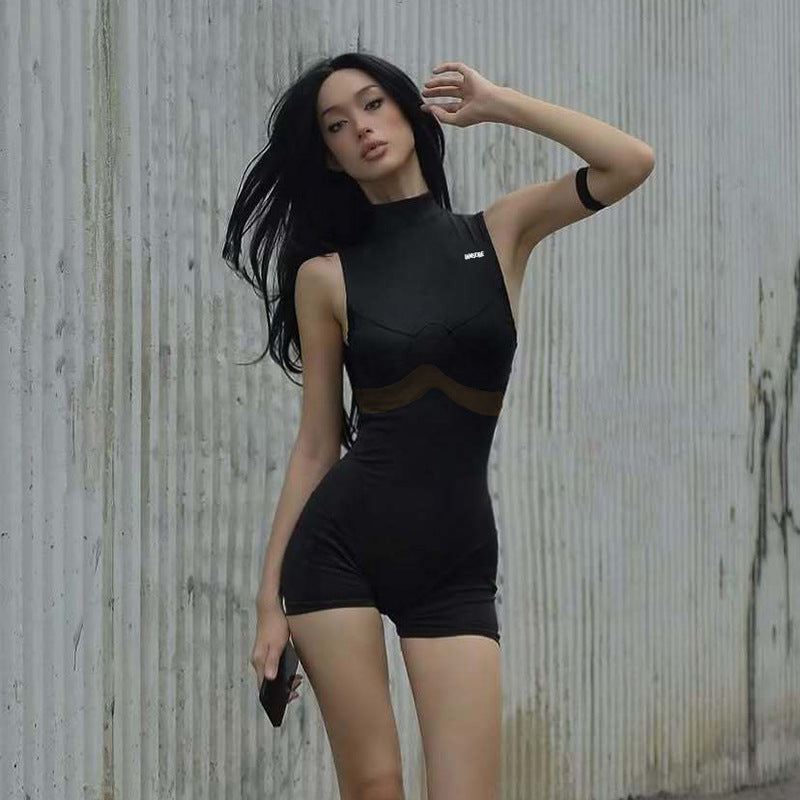 Mesh Patchwork Hollowed-Out Sleeveless Jumpsuit Shorts
