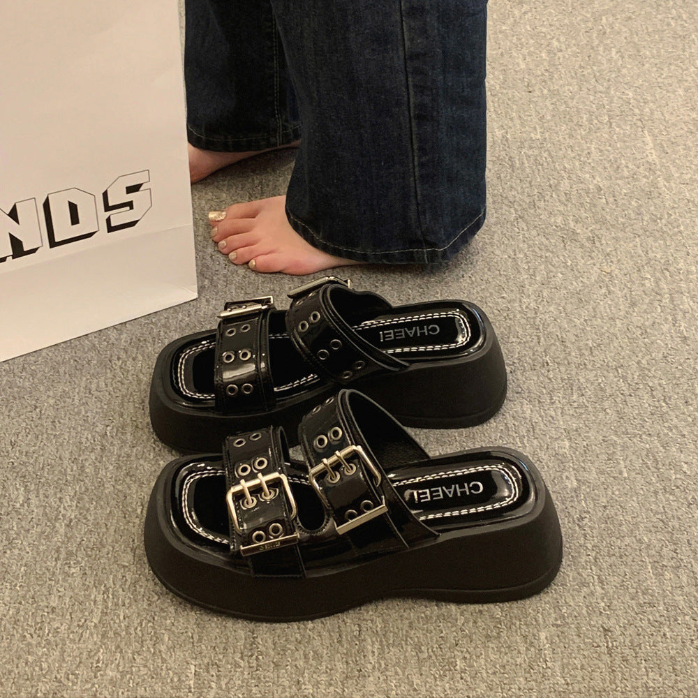 Flat Toe Ring Word Platform Slippers