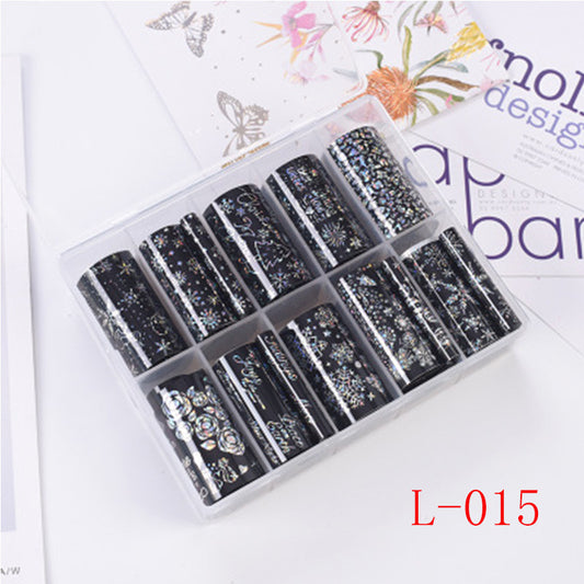 Nail Art Stjerne Transferpapir 10 Gitter Sæt Farve Sølv Laser Neglemærkat Sort Og Hvid Blonde Transferpapir