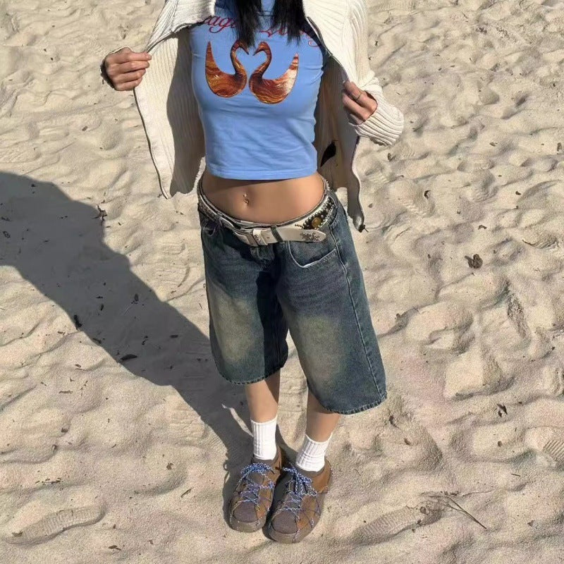 Retro Denim Shorts Cropped Bukser Kvinder Sommer Hot Girl Lavtaljede Løse Vaskede Mellemhøje Bukser