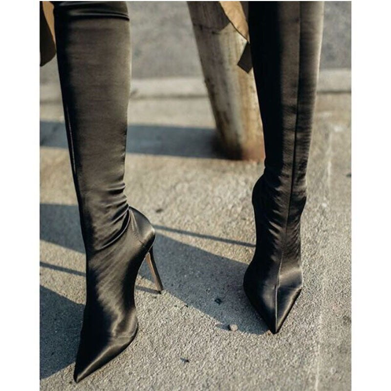 Women's Autumn And Winter High-heeled Nude Boots With Mid-tube Showing Thinness And Elasticity