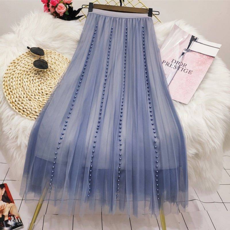Pleated Mesh Skirt Women's Mid-length High Waist Long Skirt