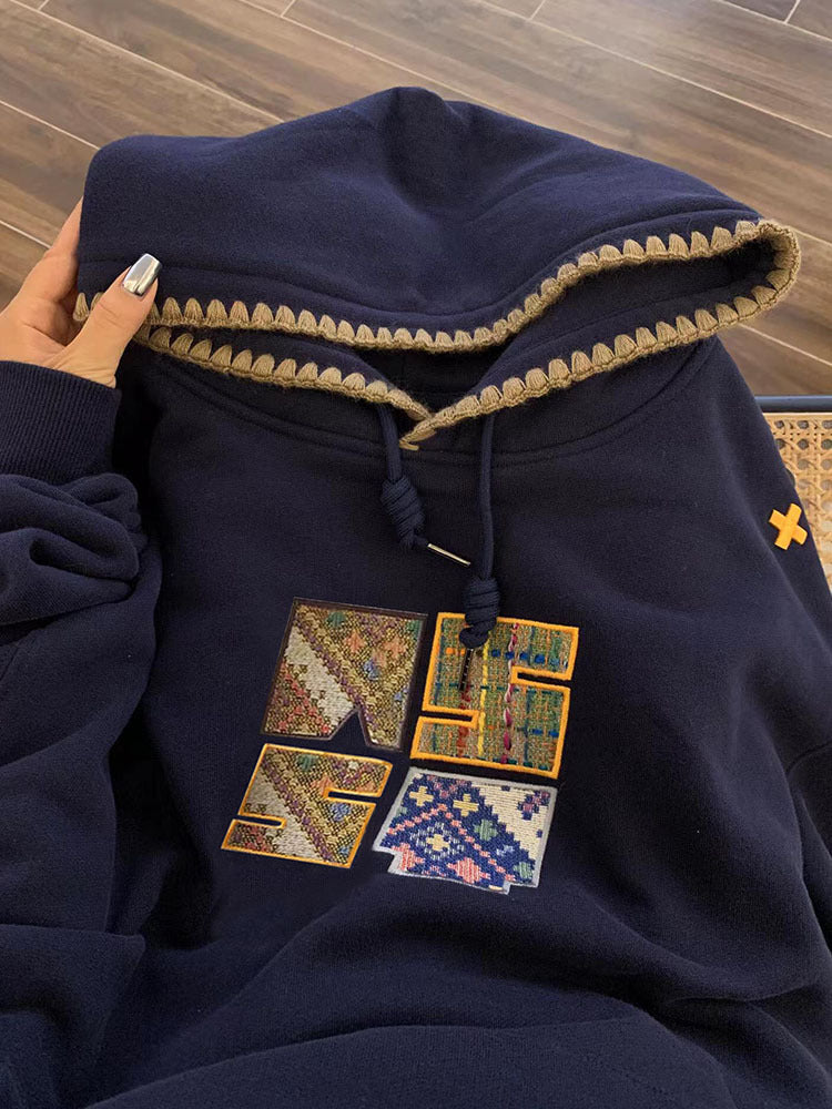 Retro Ethnic Style Woven Patch Versatile Loose Hooded Sweater