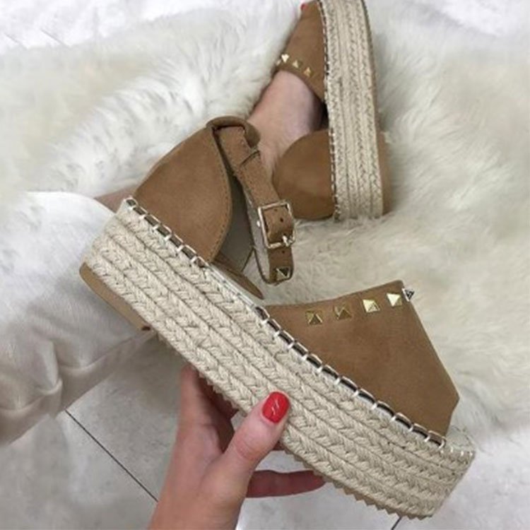 Female hemp rope thick bottom fish mouth rivet sandals