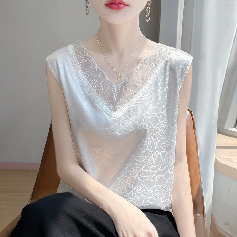 V-neck Cropped Mesh-panelled Sleeveless Tank Top