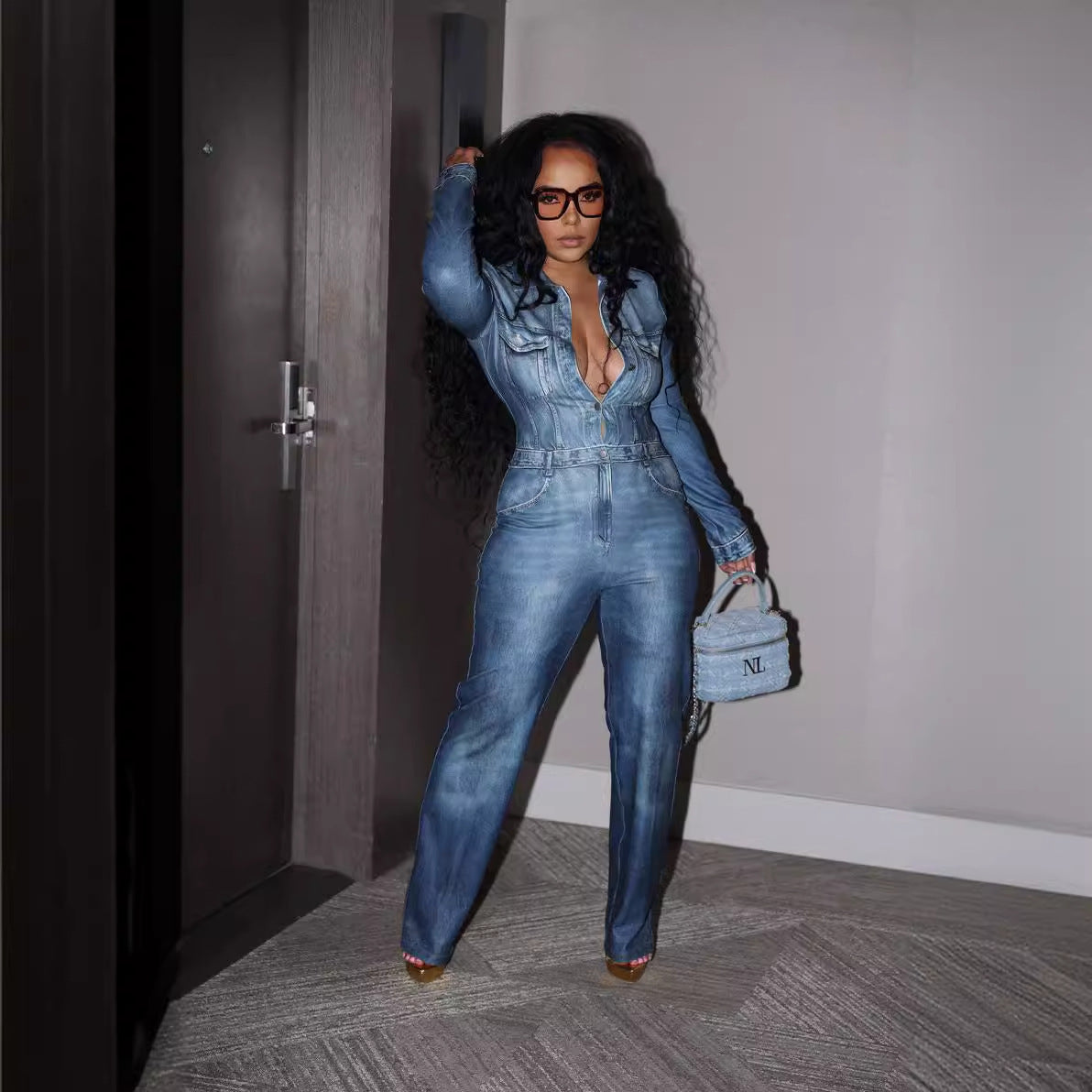 Denim-print Jumpsuit