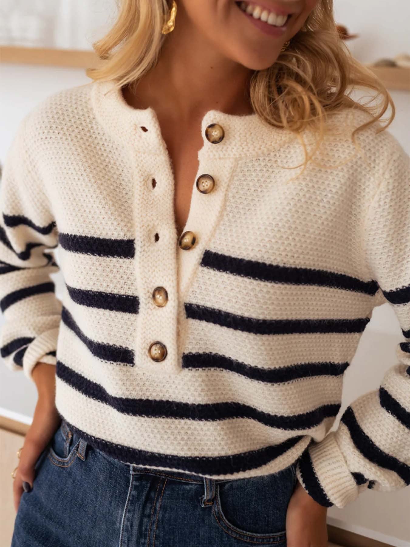 Stribet Pullover Top Mode Cardigan Med Knapper Striktrøje Kvinder
