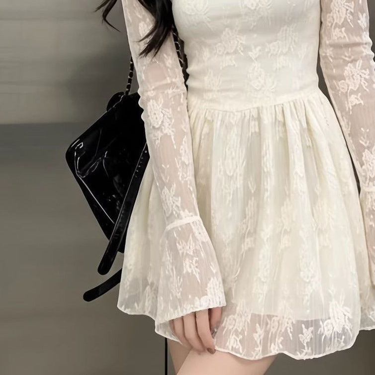 Korean-style Milk Apricot Long-Sleeve Lace Patchwork Dress