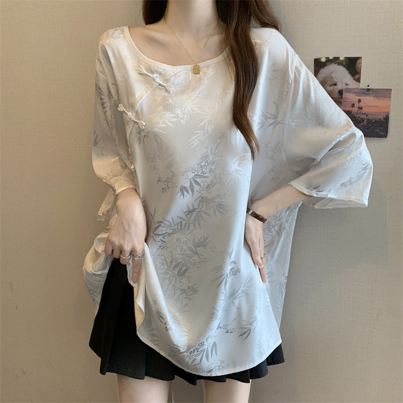 Women's Vintage Jacquard Blouse With Chinese-style Button Closure, New Chinese-style Top