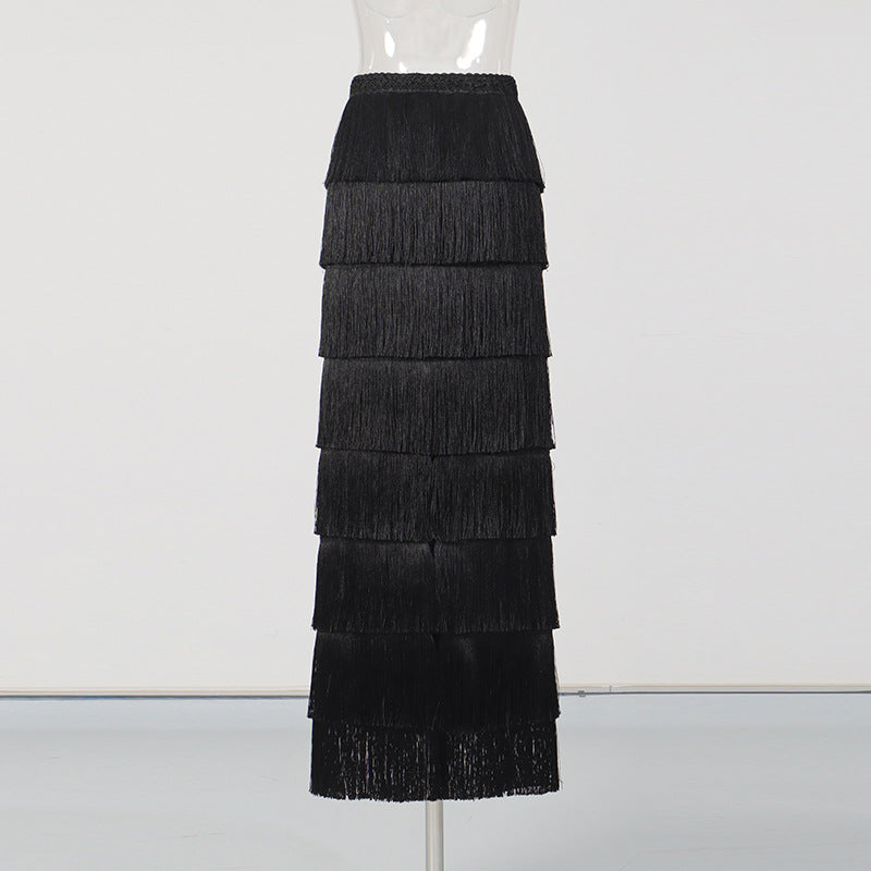Fashionable Tassel-trimmed Layered Solid-color High-waisted Long Skirt