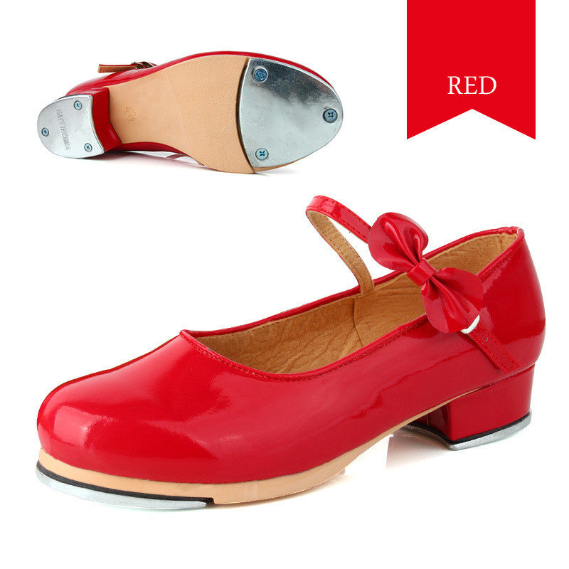 Women's Adult Black Soft Sole Shiny Bow Tap Shoes