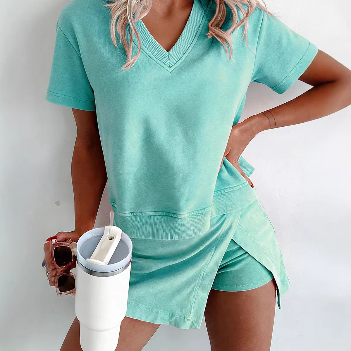 Summer Solid Colored Skirt Style Two Piece Set For Women