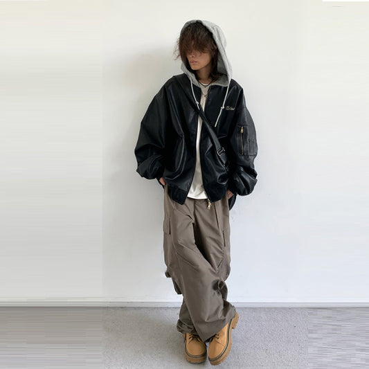 American Street Retro Patchwork Hooded Biker's Leather Jacket Coat