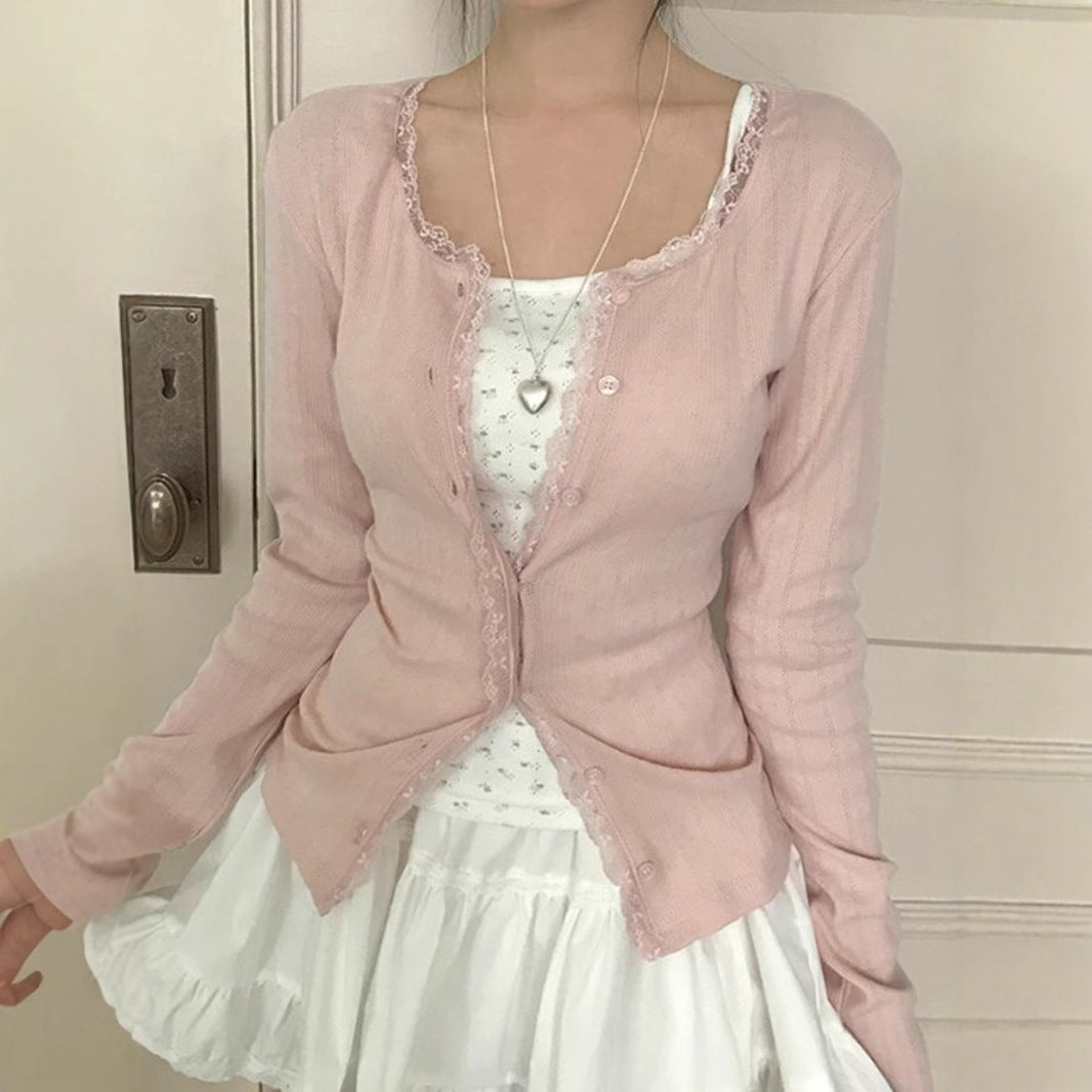 Women's Lace Stitching Light Long Sleeve Knitted Coat