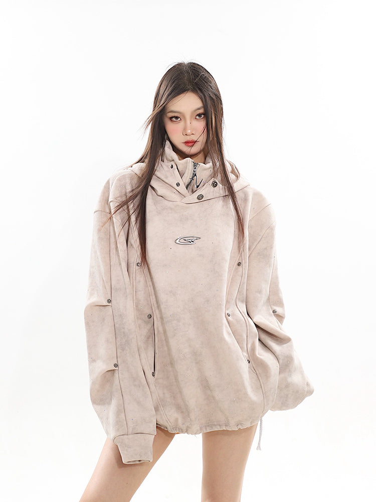 Hooded Sweater Double-layer Turtleneck Metal Pleated Couple's Tops