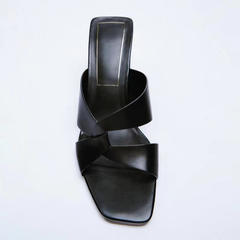 Women's Leather Square Toe High Heel Fashion Sandals