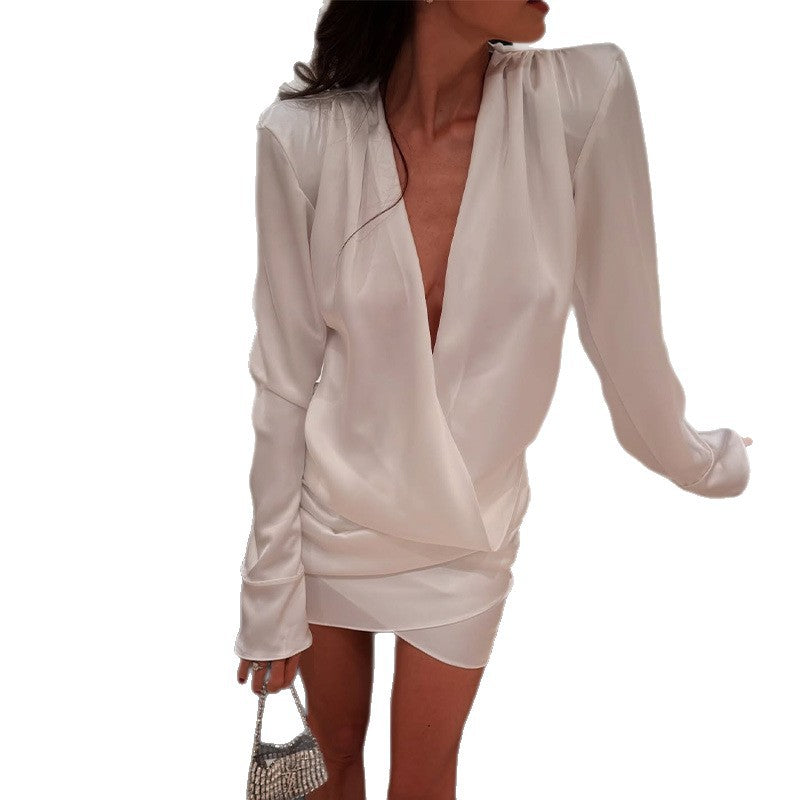 Ruched Waist V Neck Long Sleeve Dress
