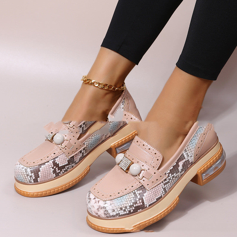 Low Heel Color Matching Pearl Plus Size Retro Round Toe Casual Shoes