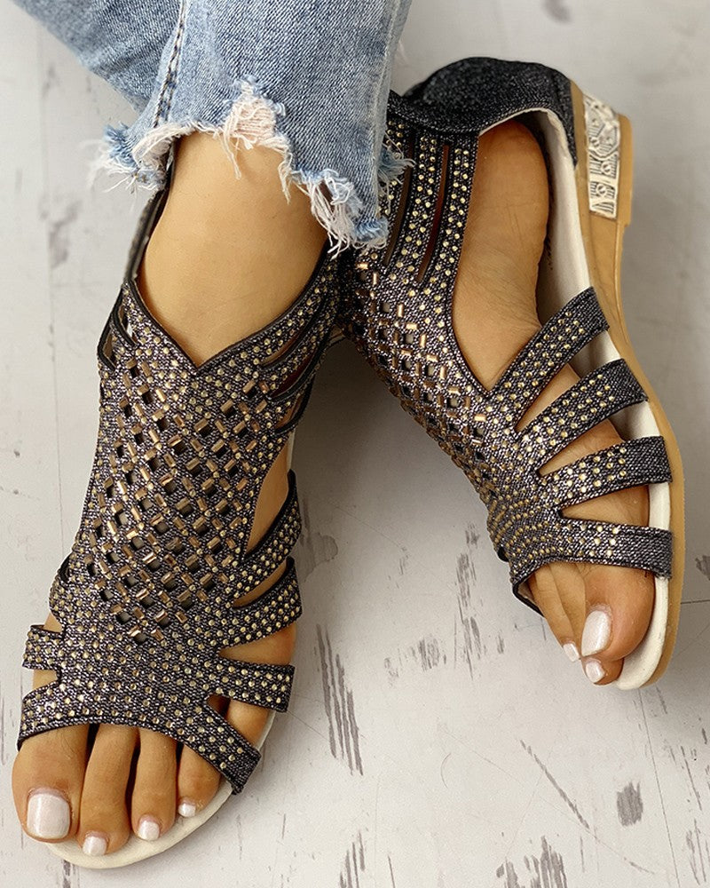 Sequined cloth open-toe zipper patent leather