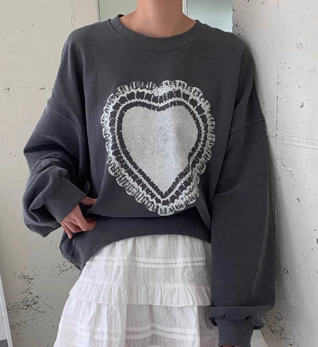 Temperament Crew Neck Heart Printing Design Loose And Lazy Style Versatile Long Sleeve