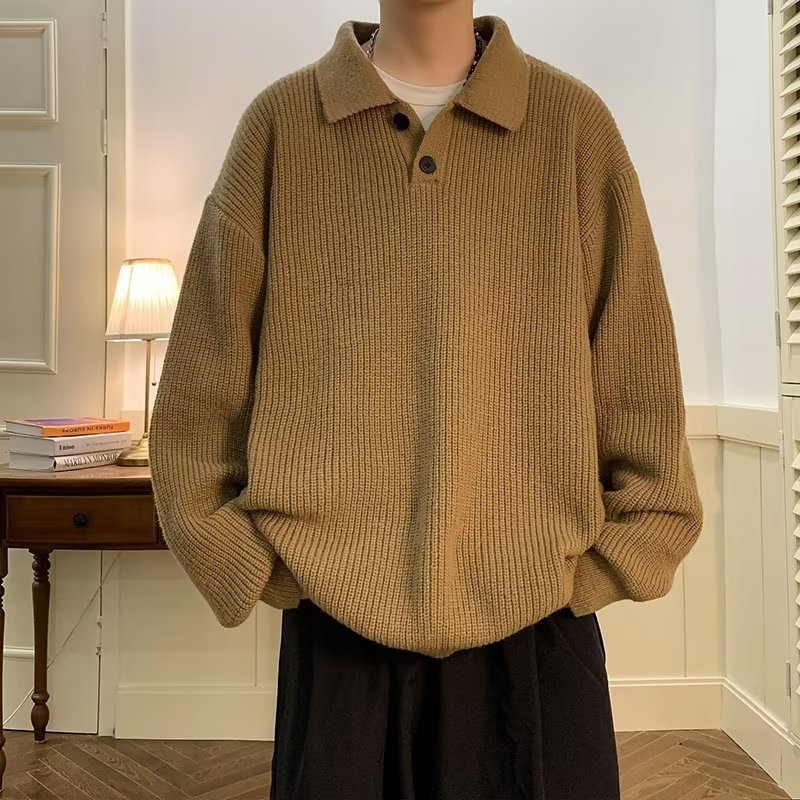 Polo Krave Sweater Herre Amerikansk Retro Kaffe Farve High Sense Oversize Indre Sweater
