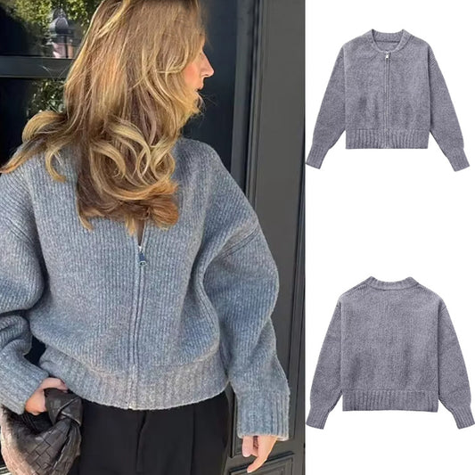 Zipper Knitted Bomber Jacket Sweater Coat