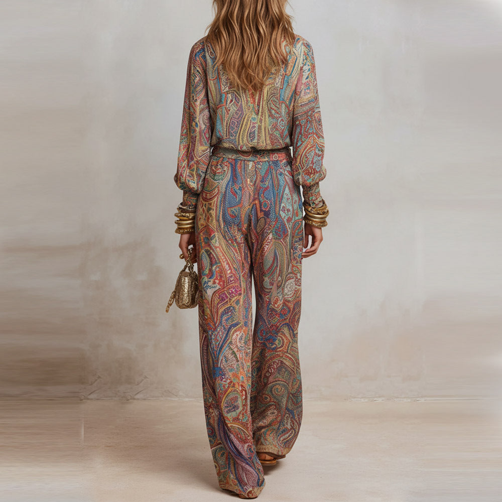Women's Casual Chic Elegant Deep V-Neck Wide-Leg Pants Set