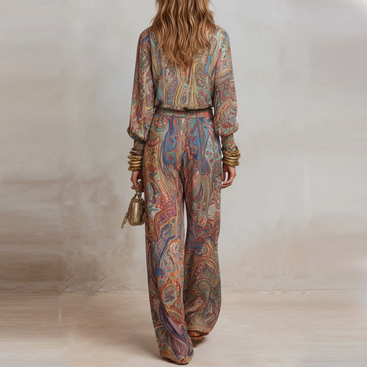Women's Casual Chic Elegant Deep V-Neck Wide-Leg Pants Set