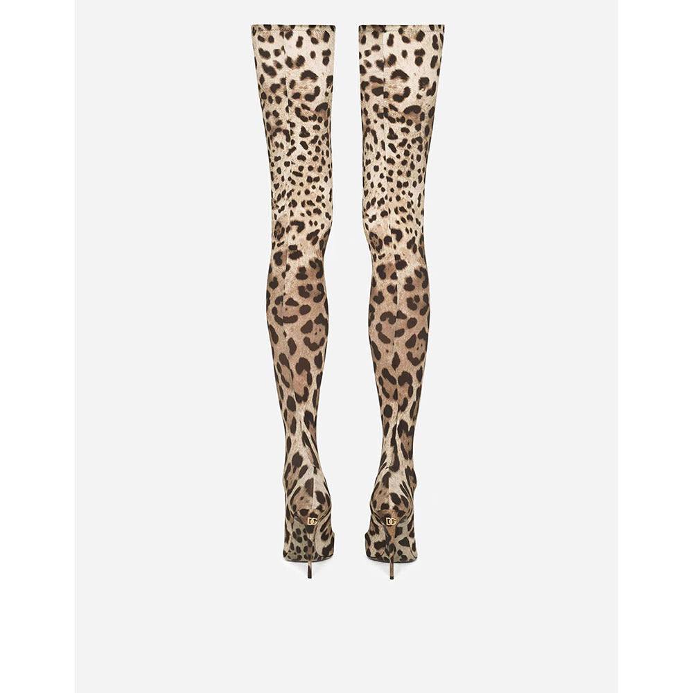 Pointed-toe High-heeled Leopard-print Ultra-long Knee-high Stretch Boots