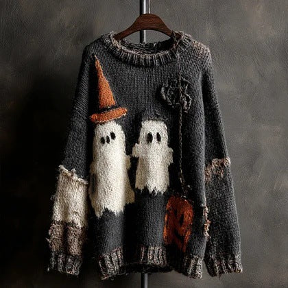 Retro Quirky Loose-fitting Crew-neck Pullover Sweater For Fall And Winter