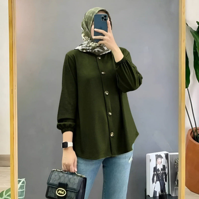 Muslim Ice Silk Wrinkle Stand-up Collar Literary Vintage Cardigan Loose Shirt Women