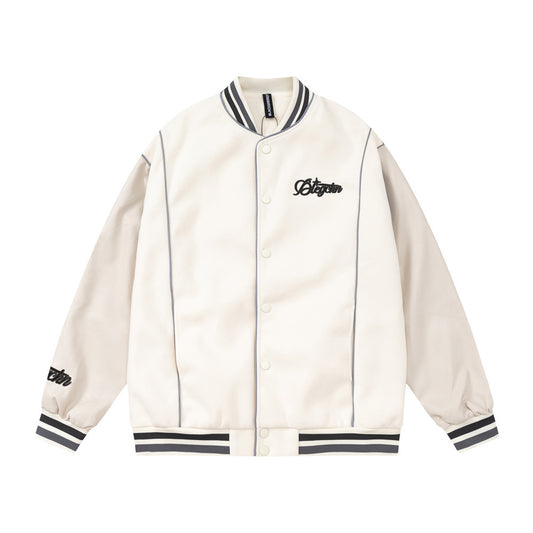 Towel Embroidered Rugby Pattern Leather Sleeve Stitching Jacket Coat