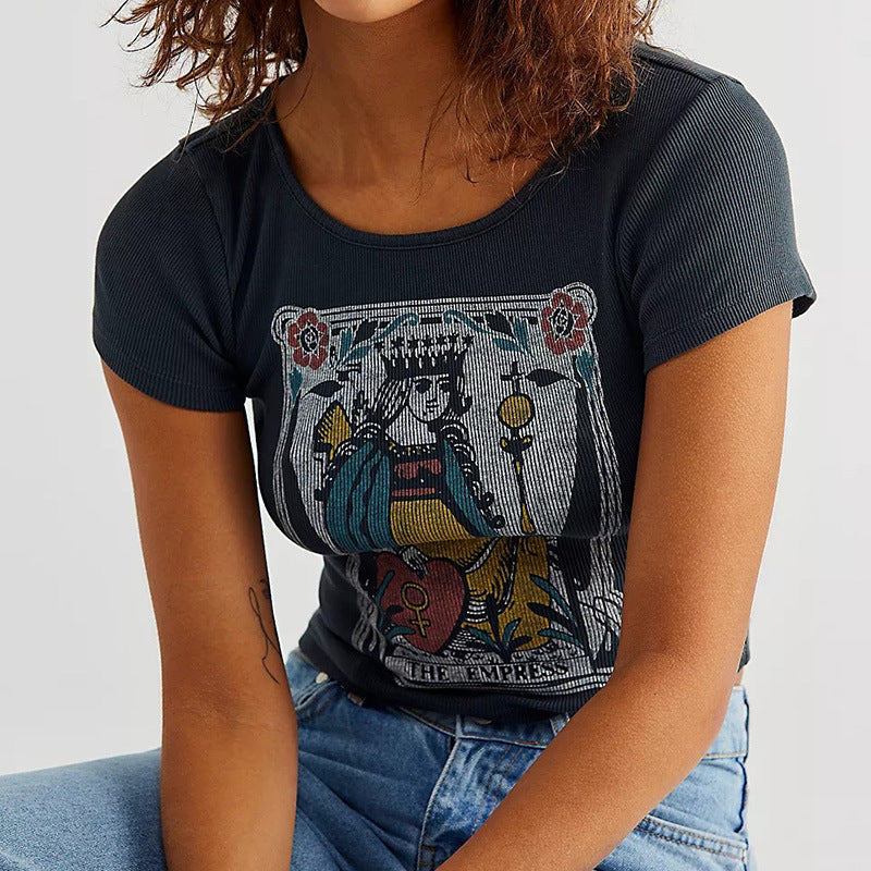Women's Retro Trendy Poker Print Short T-shirt
