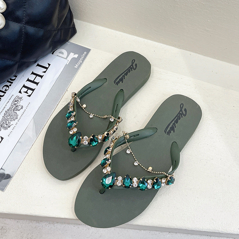 Women's Fashion Casual Rhinestone With Chain Flip-flops