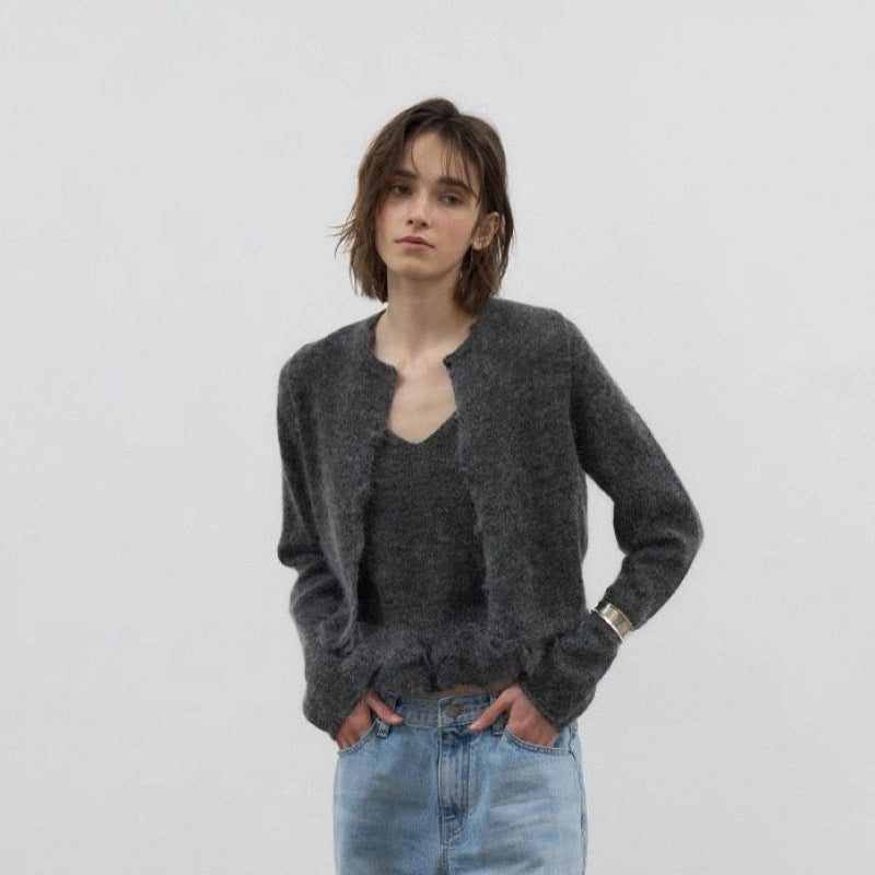 Lace-trimmed Solid-color Skin-friendly Knitted Cardigan And Camisole Two-piece Set For Women