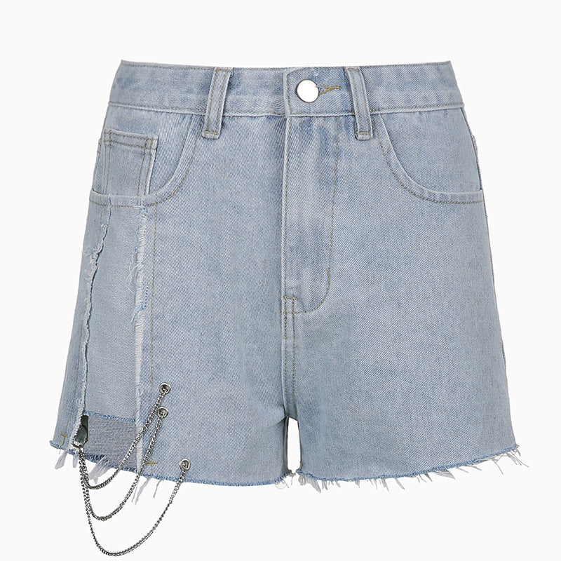Women's Chain Raw Edge Washed Denim High Waist Wide Leg Shorts