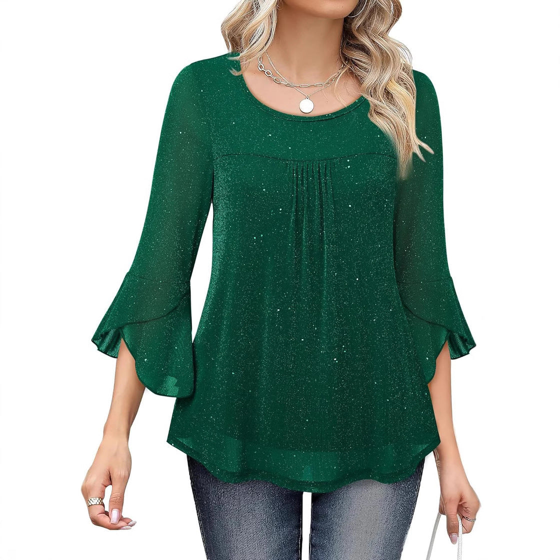 Summer Ruched Flare Sleeve Crew Neck Mesh Top Shirt