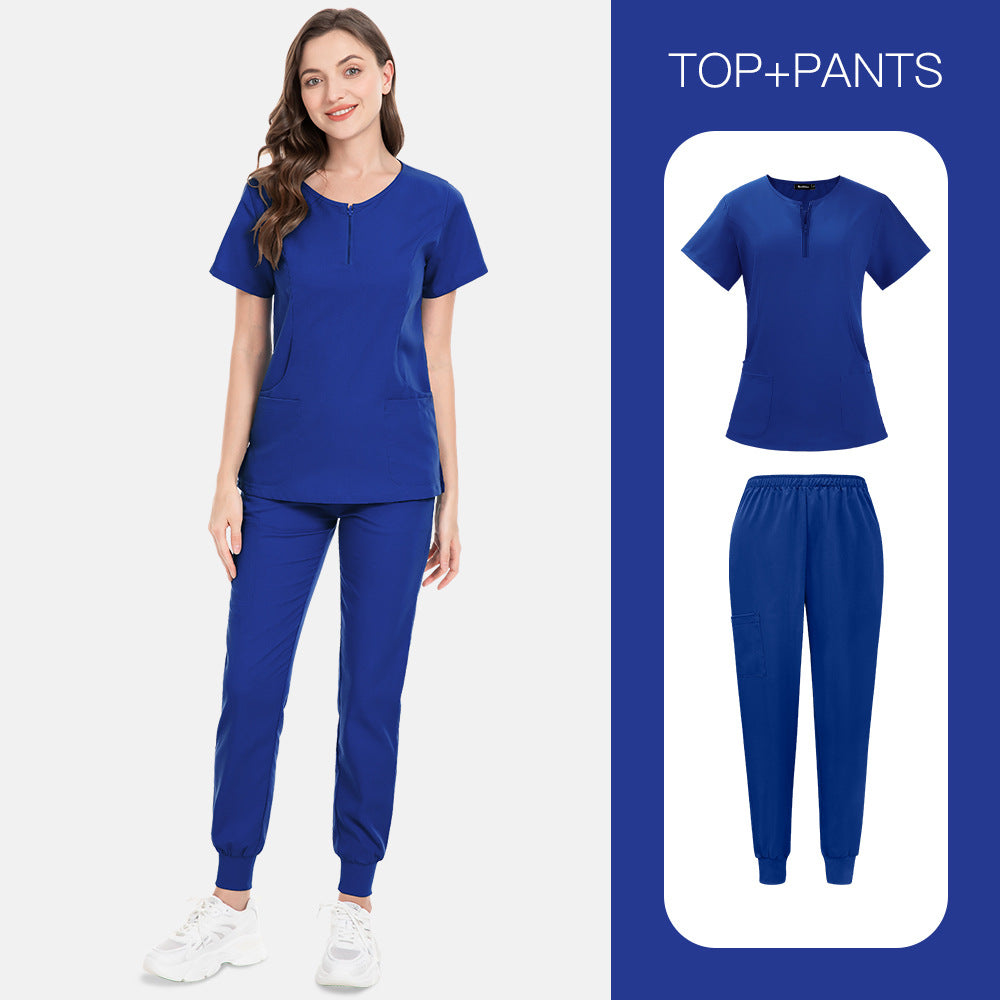 Zip-front Half-zip Collar Scrub Cream Set With Long Pants