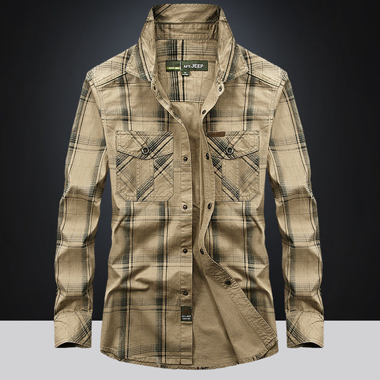 Long Sleeve Shirt Men's Plus Size Loose Cargo Cotton Shirt