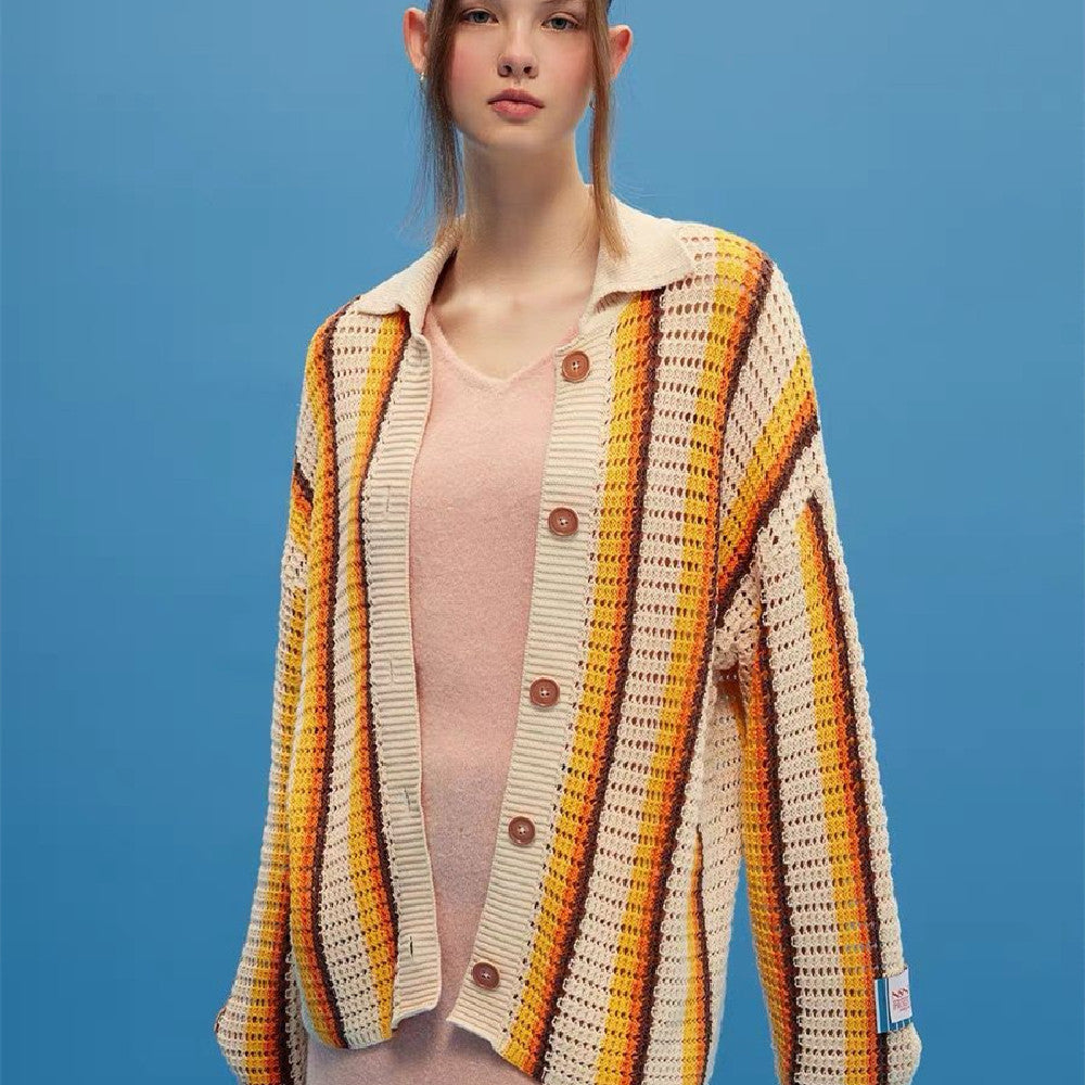 SweaterCrochet StripedThread Lapel Knit Cardigan