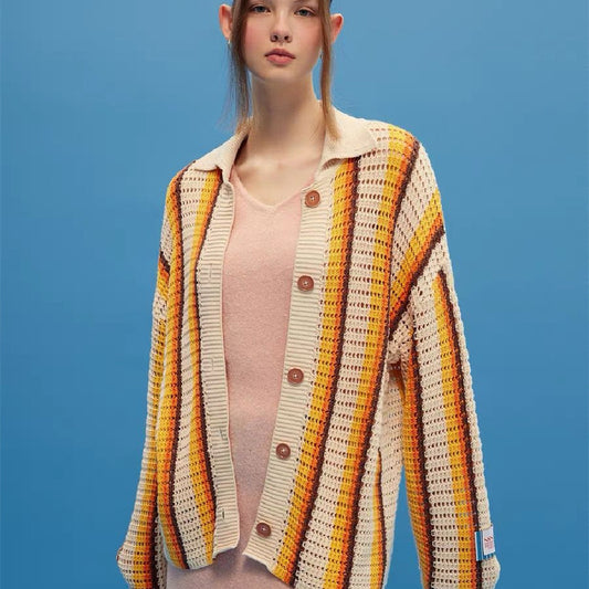 SweaterCrochet StripedThread Lapel Knit Cardigan
