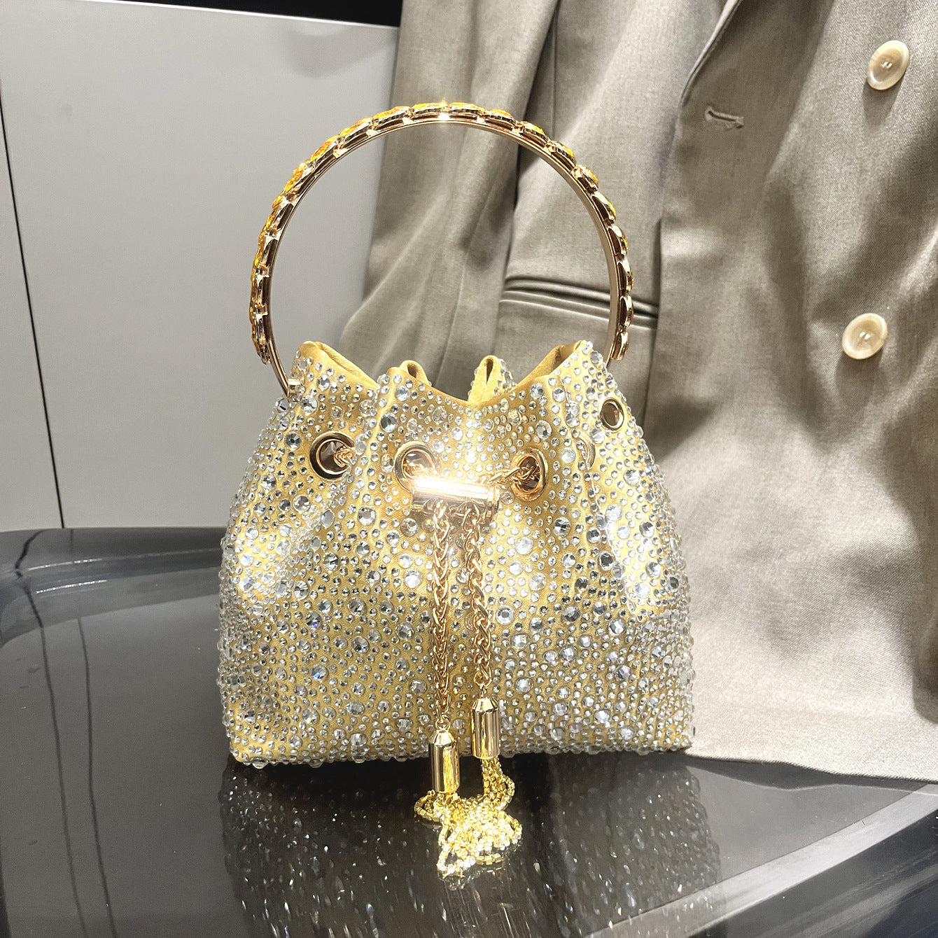 Drawstring Rhinestone Bag Shoulder Crossbody Handbag Women's Bag