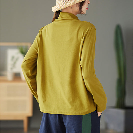 Womens Retro Half-Neck Button-Down Long-Sleeve T-Shirt