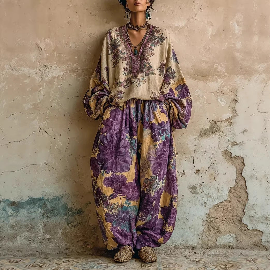 Womens Retro Printed Set Versatile Loose-fitting And Casual