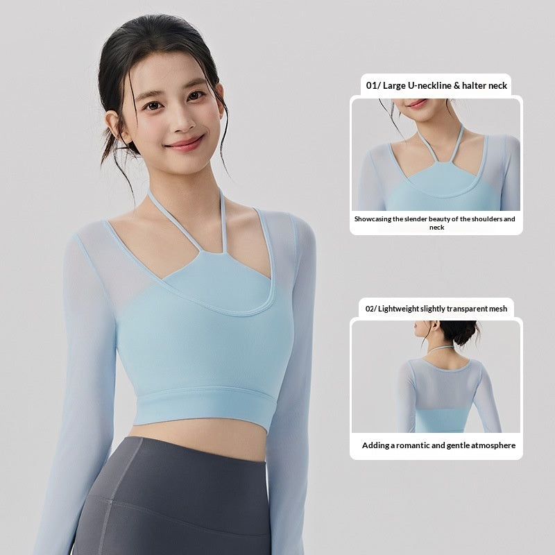 Fake Two-Piece Mesh Long-Sleeve Yoga Top With Built-In Sports Bra
