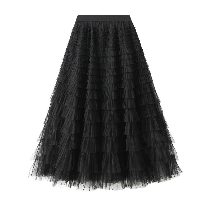 Line Mesh Ruffle Skirt Women's Temperament Sweet Long Skirt Slim Cupcake Dress Womens Clothing