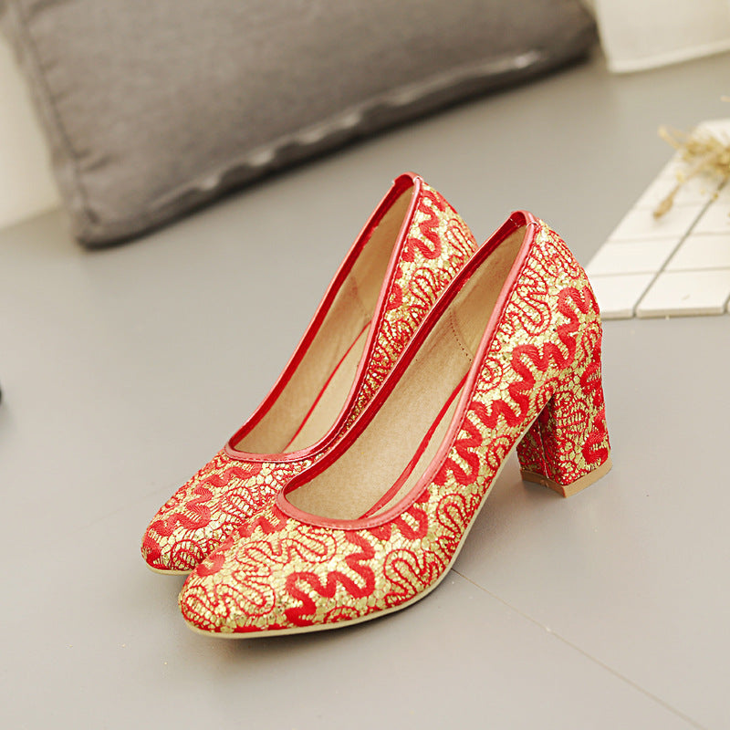 Chinese Lace Cheongsam Low Top Round Toe Chunky High Heels